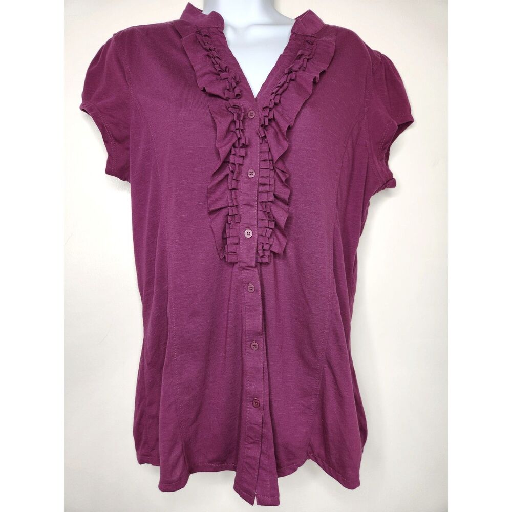 Purple Ruffle Button Front Blouse Short Sleeve Babydoll Top Women’s XL Work